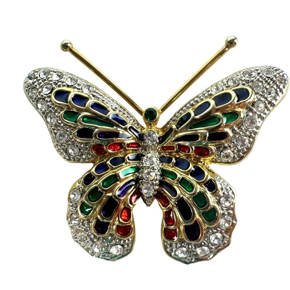 Vintage Butterfly Brooch Gold Tone with Red & Green Enamel Clear Crystals